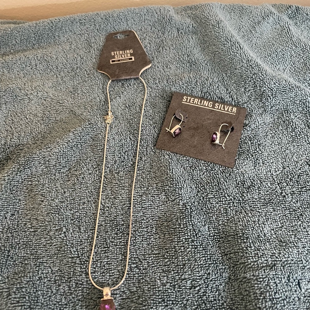 Sterling Silver Amethyst Necklace & Drop Earrings